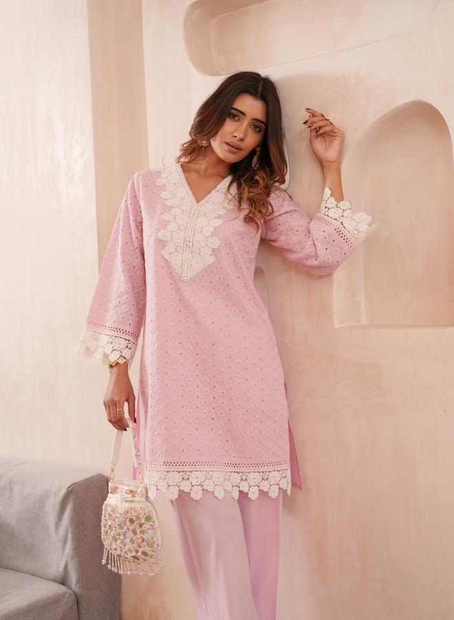DW Women Embroidered V Neck Cotton Tunic and Trousers Co-Ords - Image 1